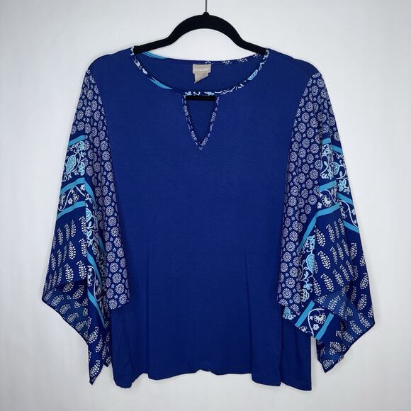 Chico’s Women’s Printed Kimono Sleeve Top Keyhole Neck Blue Size 1 - Picture 1 of 5